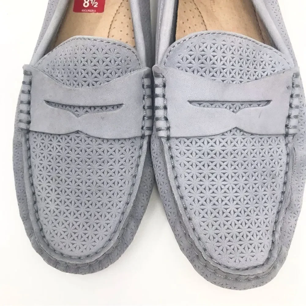 Lauren Ralph Lauren CAMILA Suede Leather Purple Gray Slip On Driving Loafers NEW
